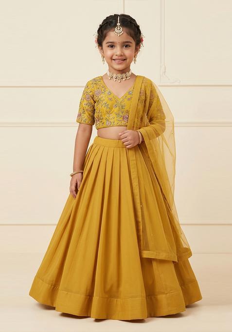 Girls Yellow Embroidered Crepe Lehenga Set