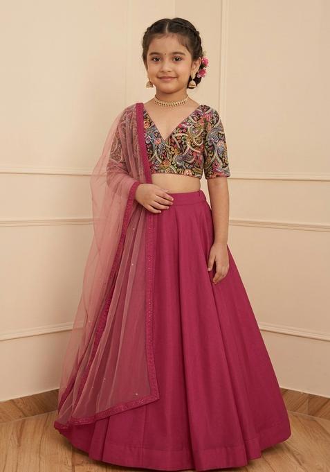 Girls Pink Embroidered Crepe Lehenga Set