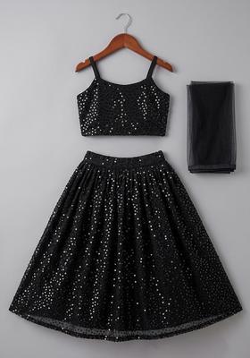 Girls Black Sequin Net Lehenga Set
