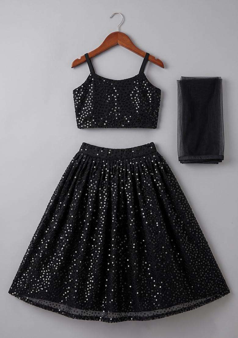 Girls Black Sequin Net Lehenga Set - Indya
