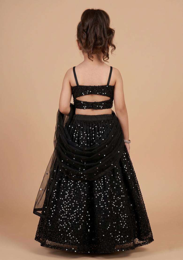 Girls Black Sequin Net Lehenga Set - Indya