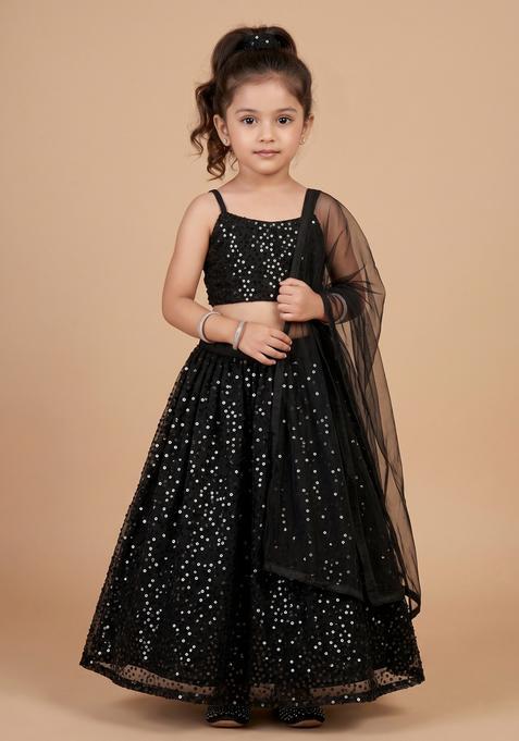 Girls Black Sequin Net Lehenga Set