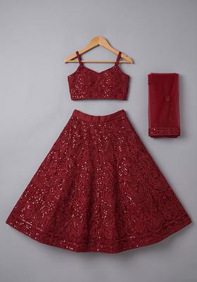 Girls Red Sequin Net Lehenga Set