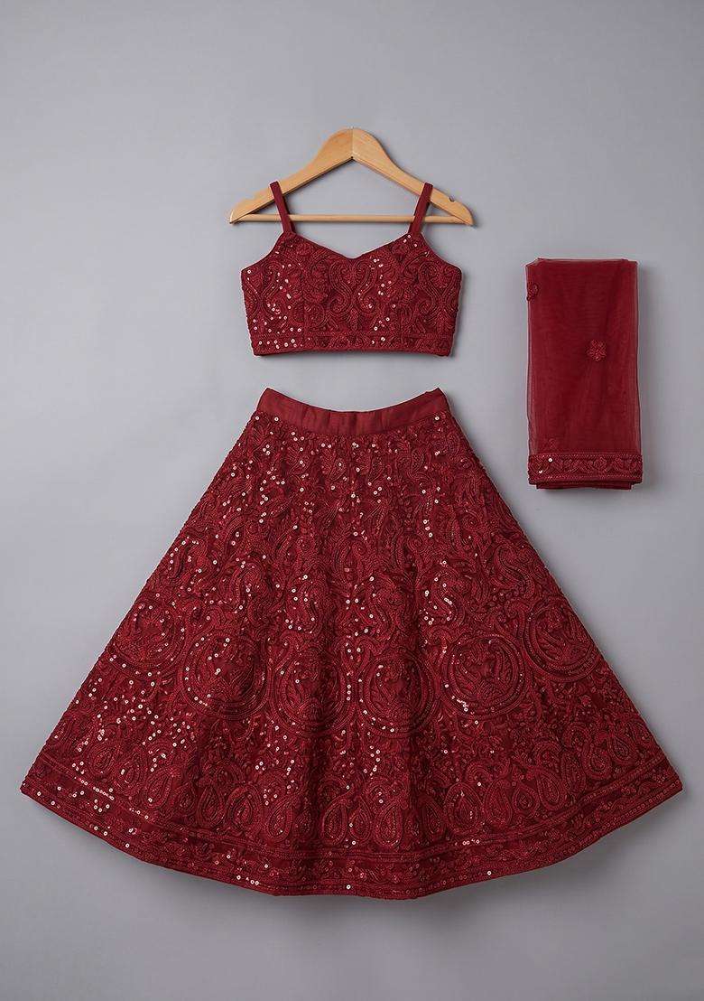 Girls Red Sequin Net Lehenga Set - Indya