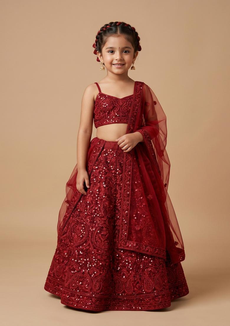 Girls Red Sequin Net Lehenga Set - Indya