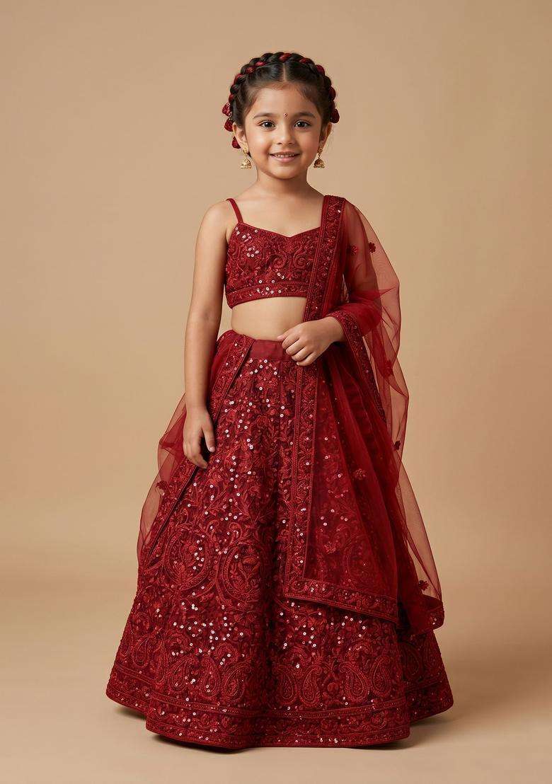 Girls Red Sequin Net Lehenga Set - Indya