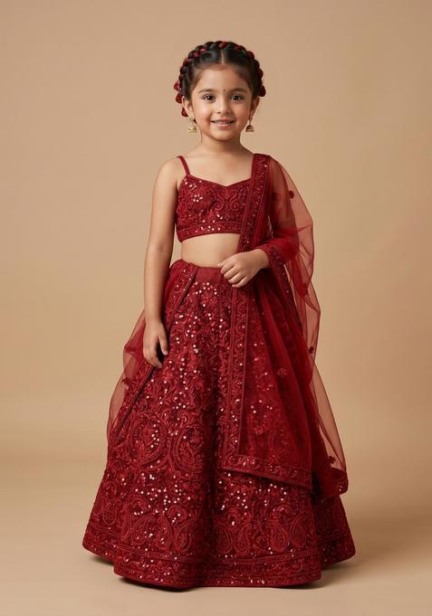 Girls Red Sequin Net Lehenga Set