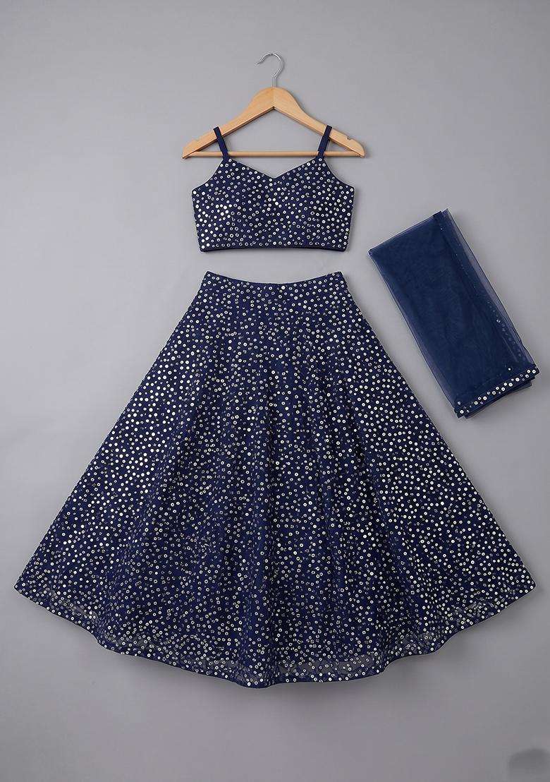 Girls Blue Sequin Net Lehenga Set - Indya
