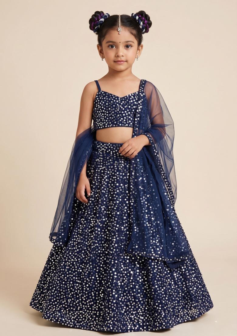 Girls Blue Sequin Net Lehenga Set - Indya