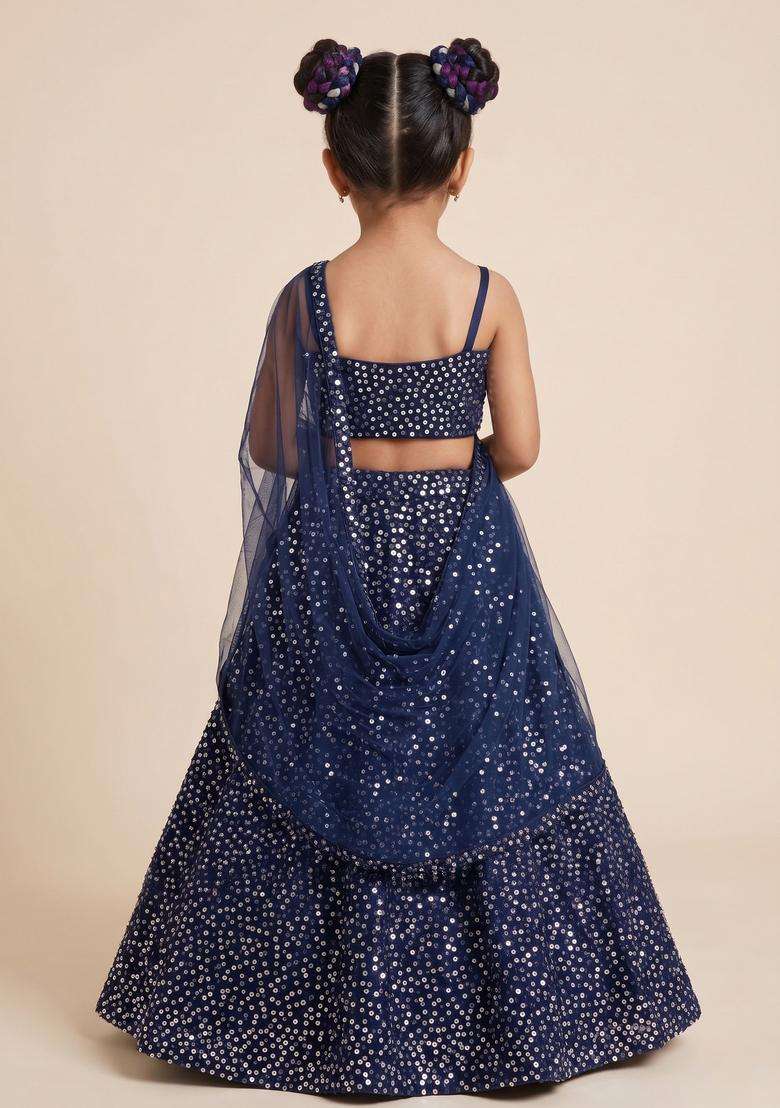 Girls Blue Sequin Net Lehenga Set - Indya