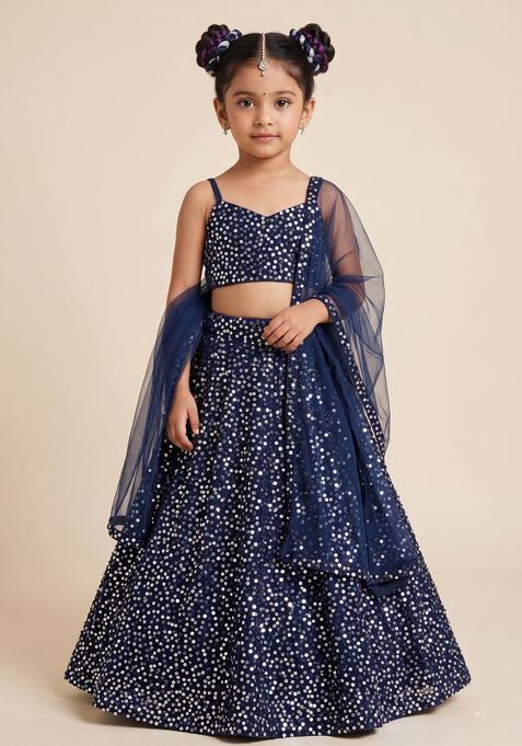 Girls Blue Sequin Net Lehenga Set