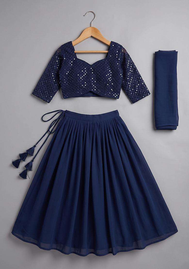 Girls Blue Sequin Net Lehenga Set - Indya