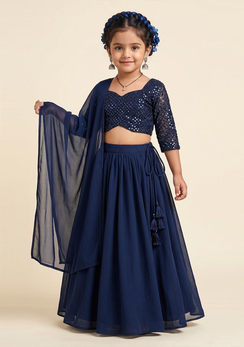 Girls Blue Sequin Net Lehenga Set - Indya