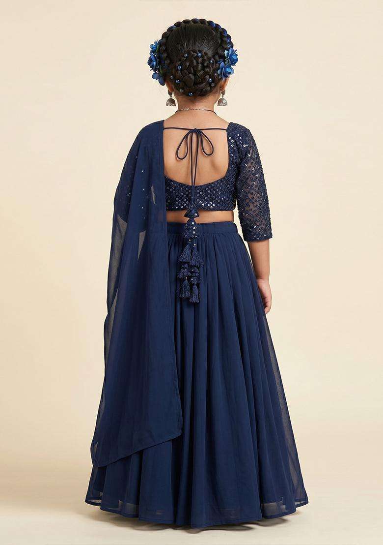 Girls Blue Sequin Net Lehenga Set - Indya