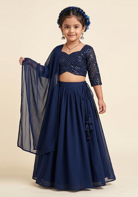 Girls Blue Sequin Net Lehenga Set