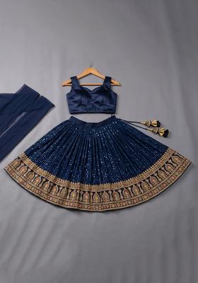 Girls Navy Blue Embellished Silk Lehenga Set