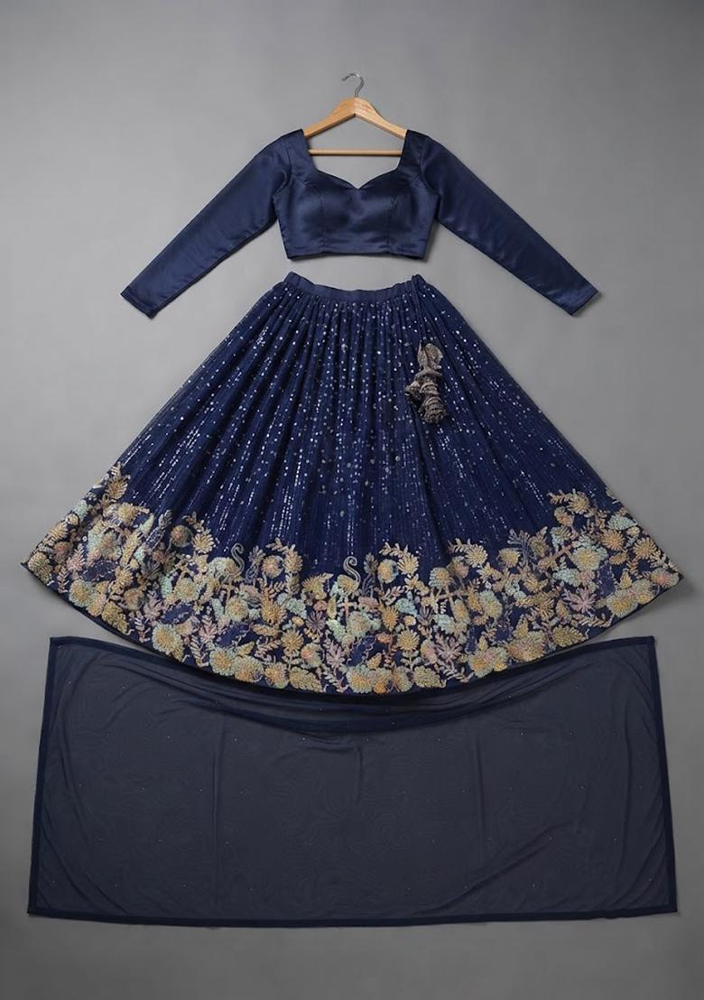 Girls Navy Blue Embellished Silk Lehenga Set - Indya