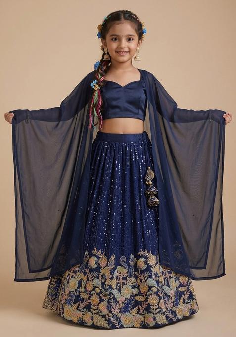Girls Navy Blue Embellished Silk Lehenga Set