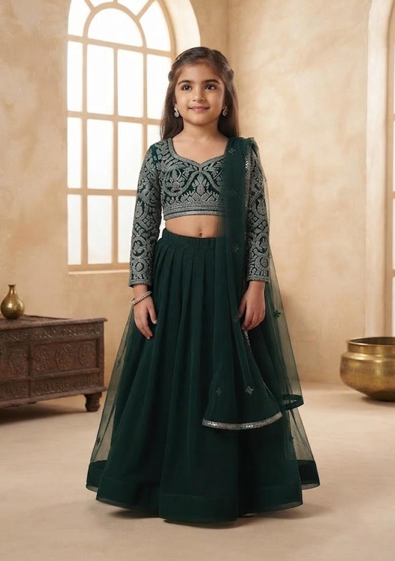 Girls Blue Embroidered Georgette Lehenga Set - Indya