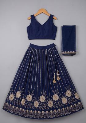 Girls Deep Purple Embroidered Crepe Lehenga Set