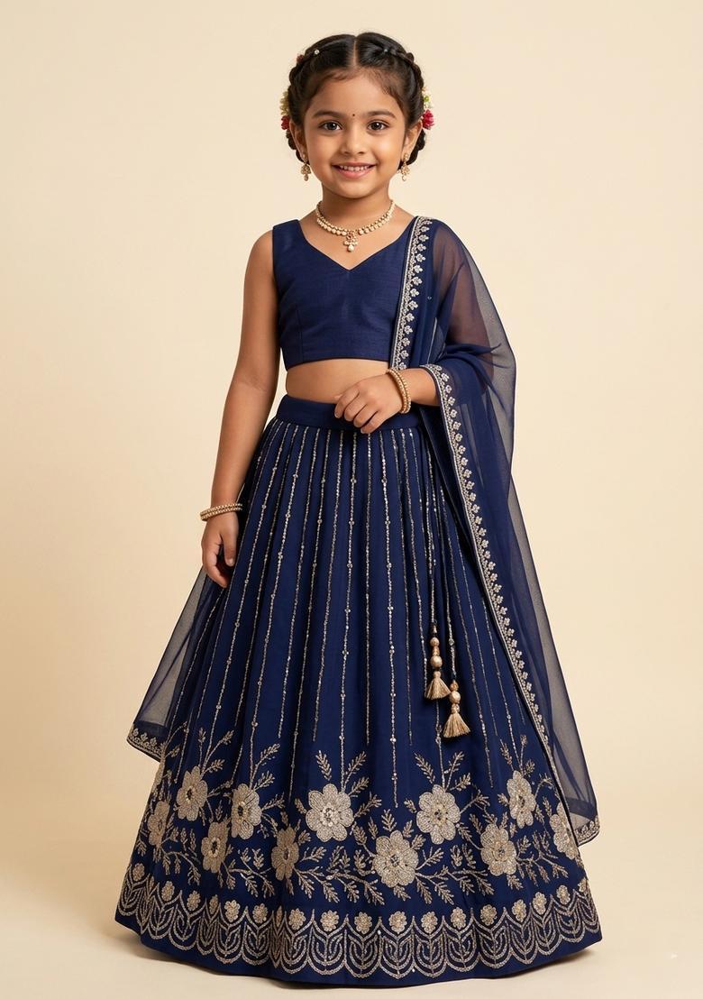 Girls Deep Purple Embroidered Crepe Lehenga Set - Indya