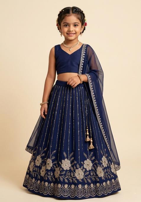 Girls Deep Purple Embroidered Crepe Lehenga Set