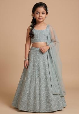 Girls Sage Green Embroidered Net Lehenga Set