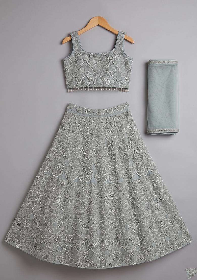 Girls Sage Green Embroidered Net Lehenga Set - Indya
