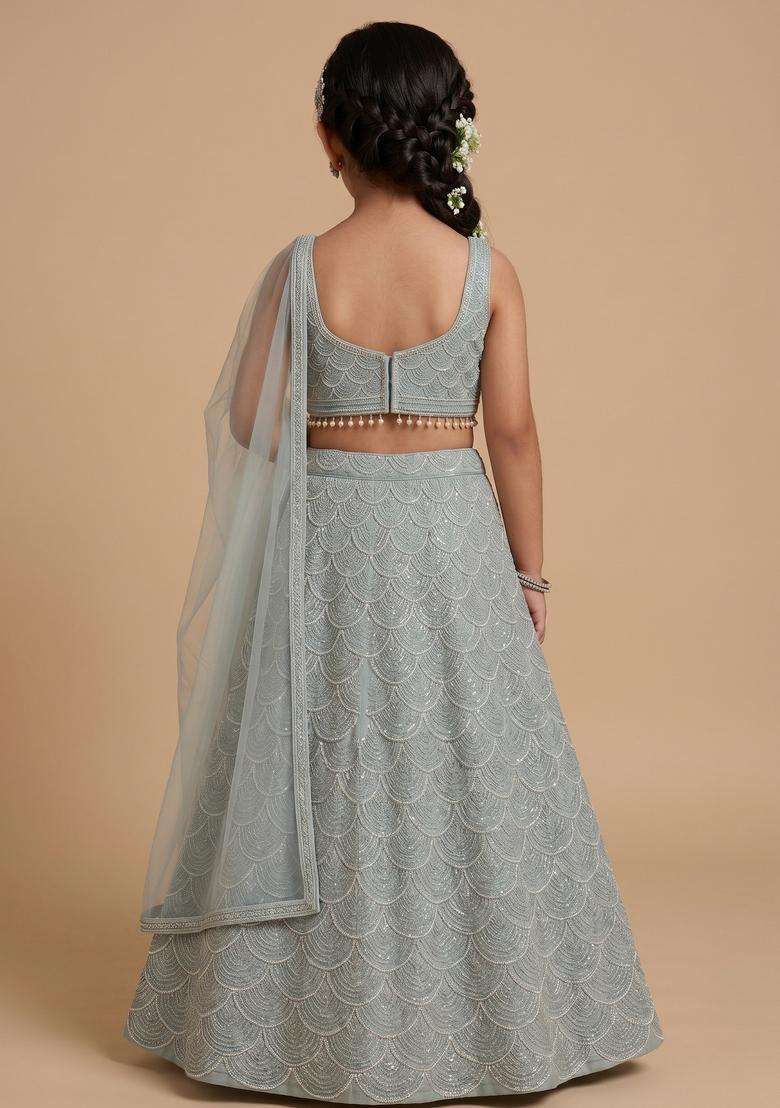 Girls Sage Green Embroidered Net Lehenga Set - Indya