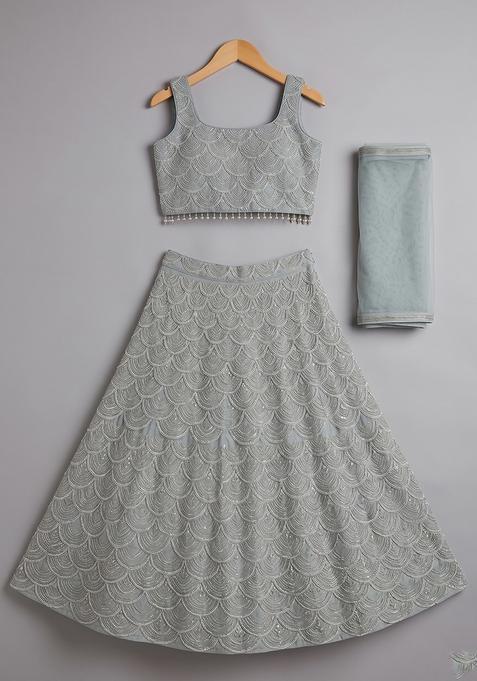 Girls Sage Green Embroidered Net Lehenga Set