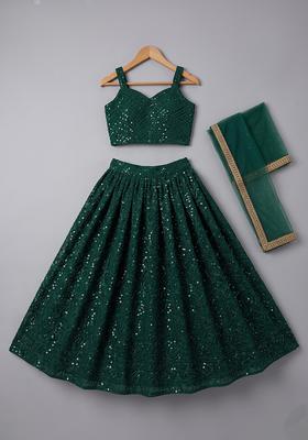 Girls Emerald Green Sequin Embroidery Net Lehenga Set
