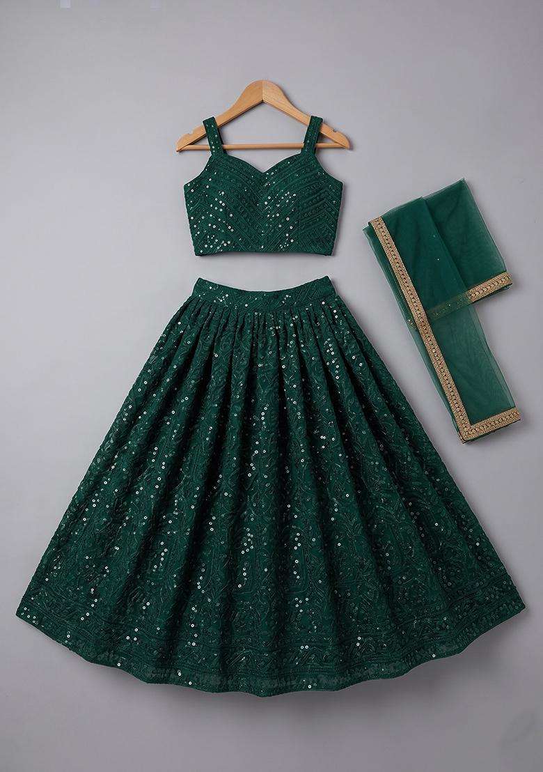 Girls Emerald Green Sequin Embroidery Net Lehenga Set - Indya