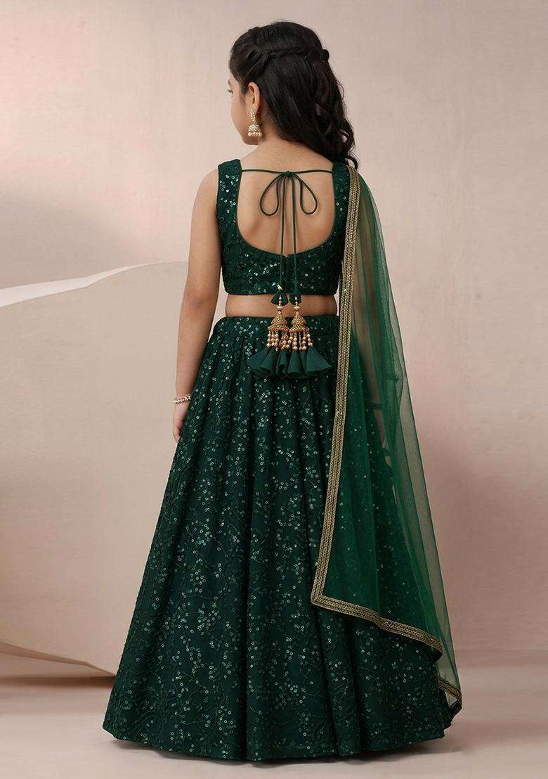 Girls Emerald Green Sequin Embroidery Net Lehenga Set - Indya