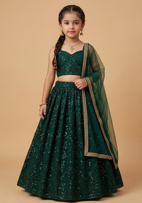 Girls Emerald Green Sequin Embroidery Net Lehenga Set