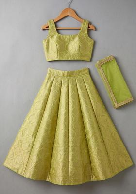 Girls Green Brocade Lehenga Set