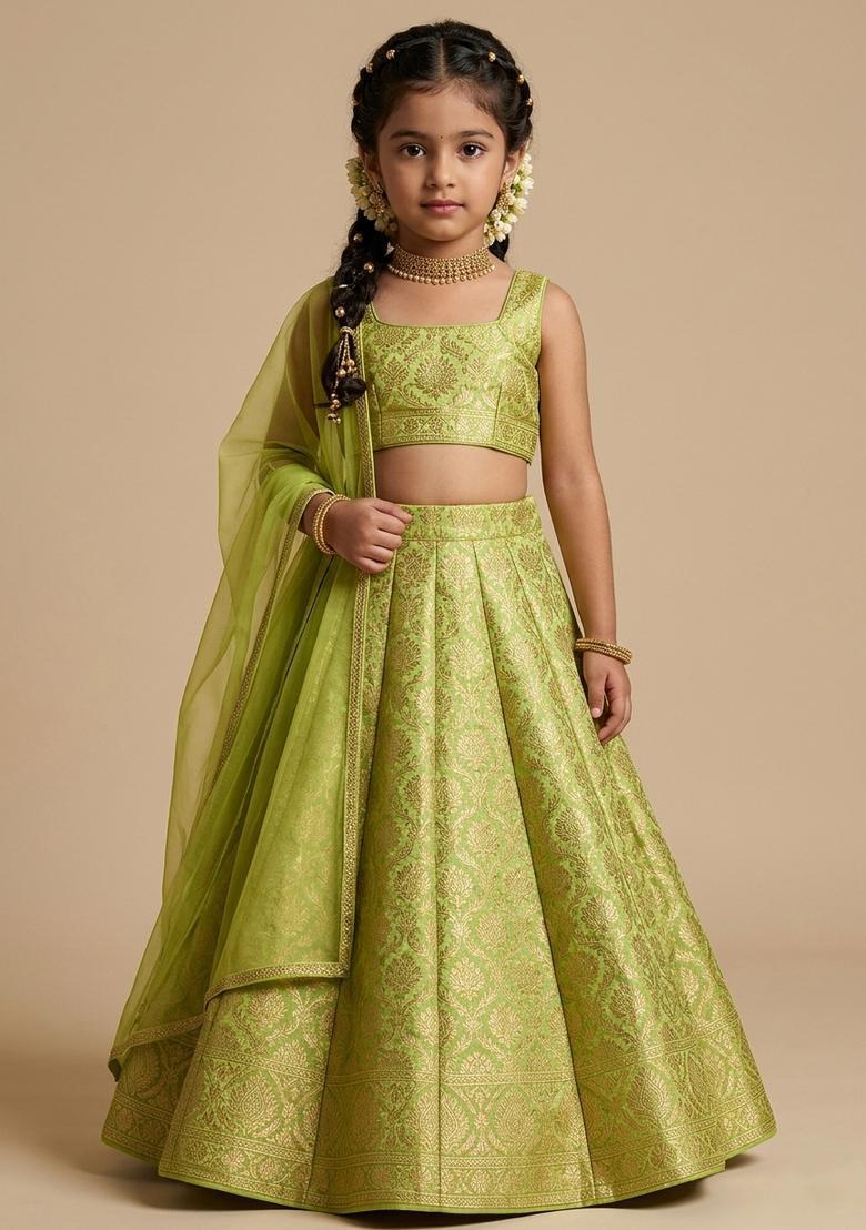 Girls Green Brocade Lehenga Set - Indya