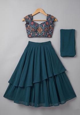 Girls Navy Blue Crepe Solid Lehenga Set With Floral Embroidery Blouse