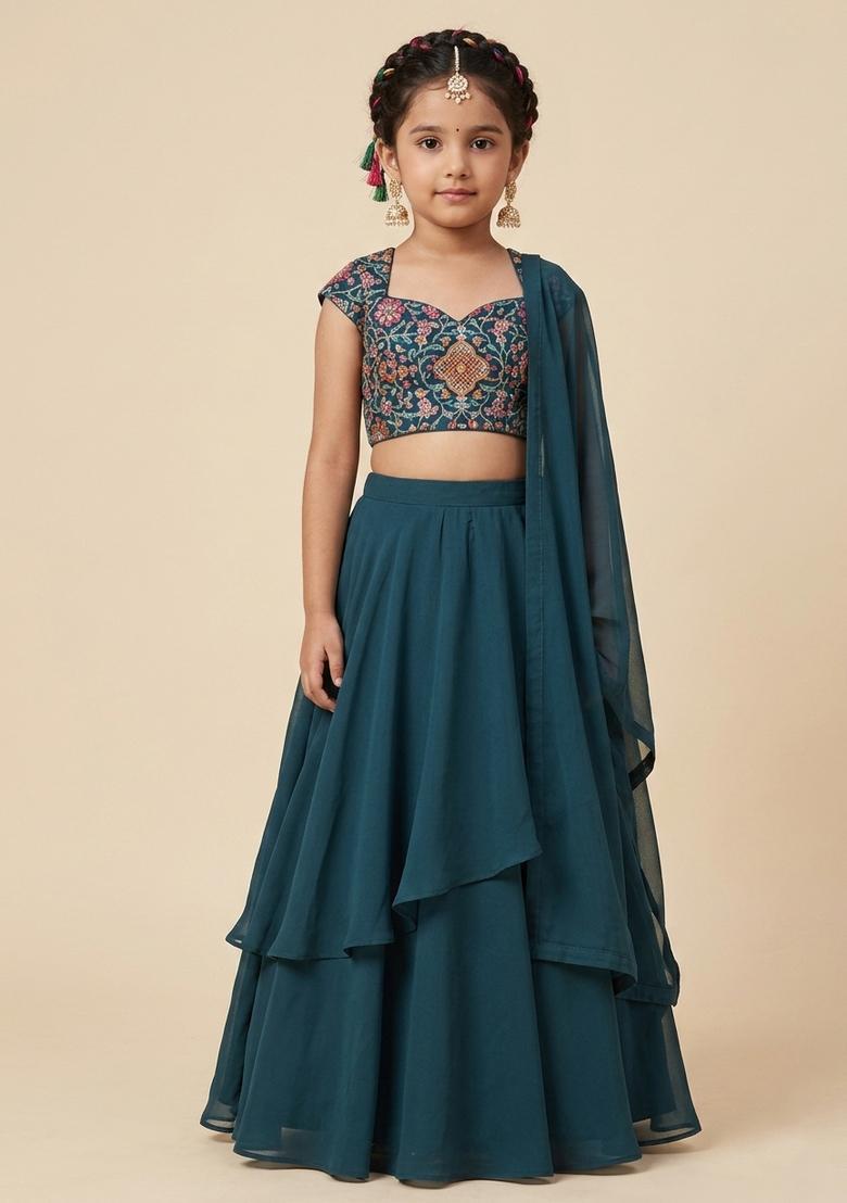 Girls Navy Blue Crepe Solid Lehenga Set With Floral Embroidery Blouse - Indya