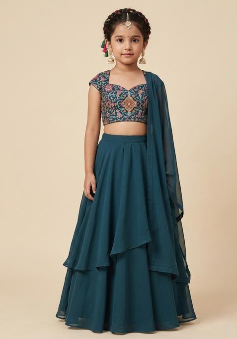 Girls Navy Blue Crepe Solid Lehenga Set With Floral Embroidery Blouse