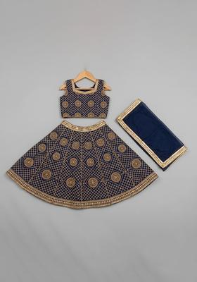 Girls Navy Blue Bandhani Print Chinon Lehenga Set