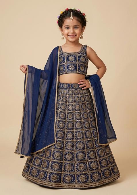 Girls Navy Blue Bandhani Print Chinon Lehenga Set