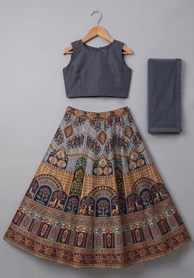 Girls Grey Embroidered Crepe Lehenga Set
