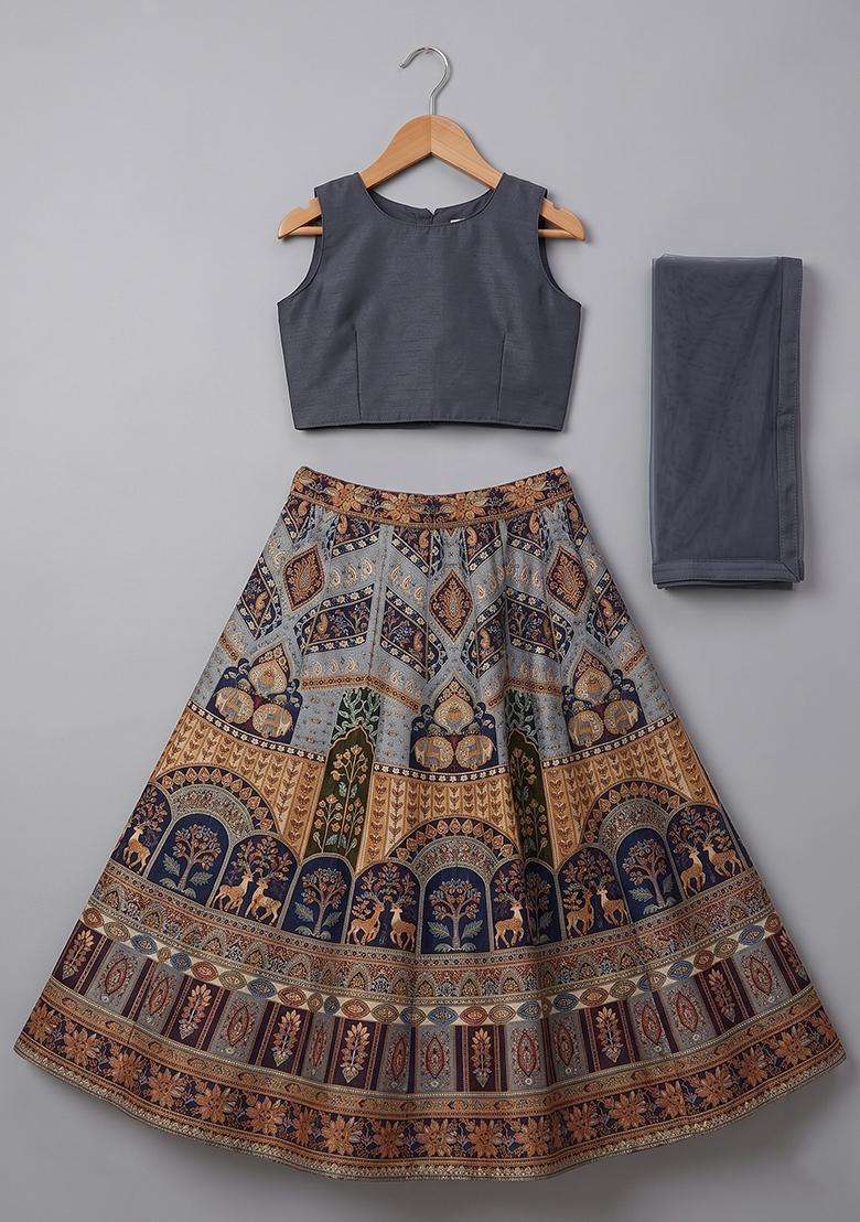 Girls Grey Embroidered Crepe Lehenga Set - Indya