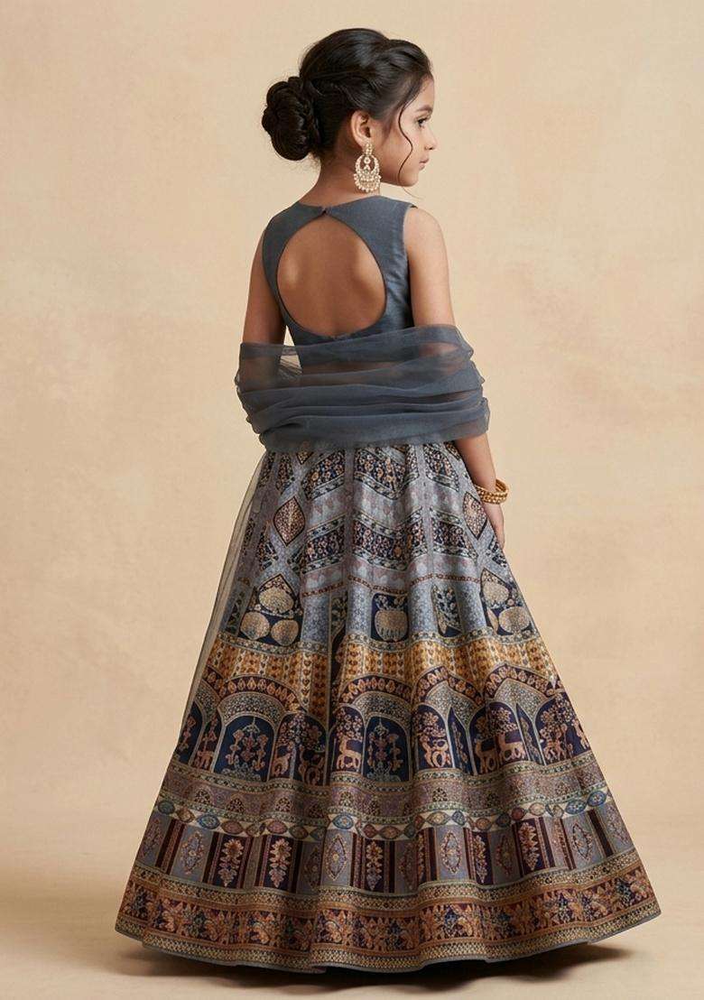 Girls Grey Embroidered Crepe Lehenga Set - Indya