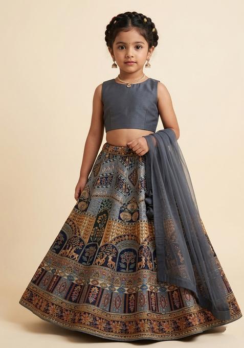 Girls Grey Embroidered Crepe Lehenga Set