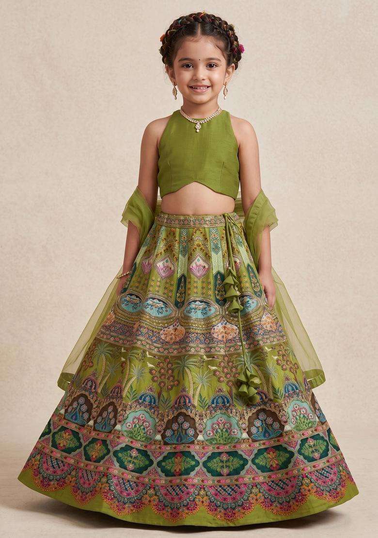 Girls Green Embroidered Crepe Lehenga Set - Indya