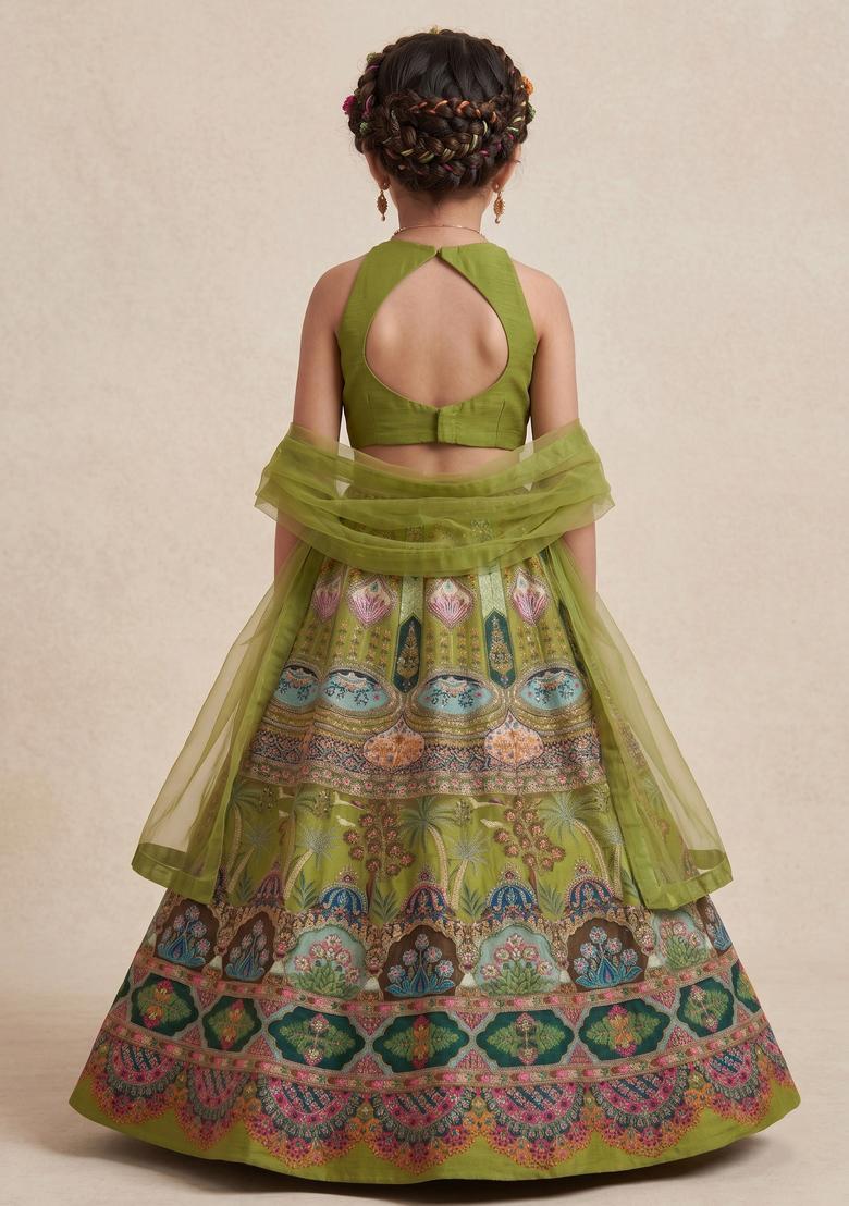 Girls Green Embroidered Crepe Lehenga Set - Indya