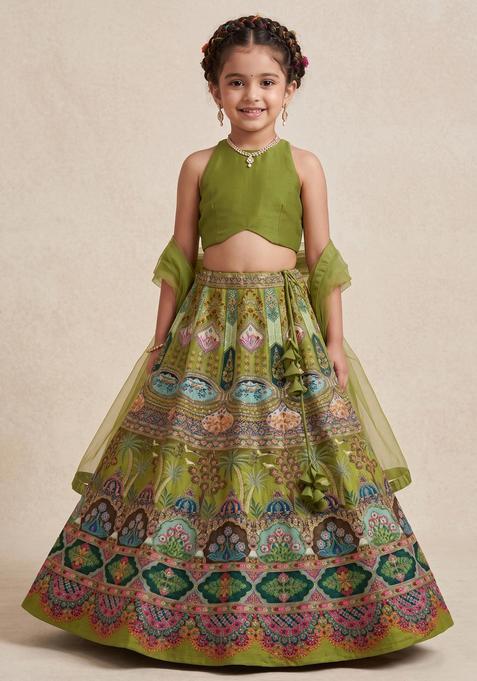Girls Green Embroidered Crepe Lehenga Set