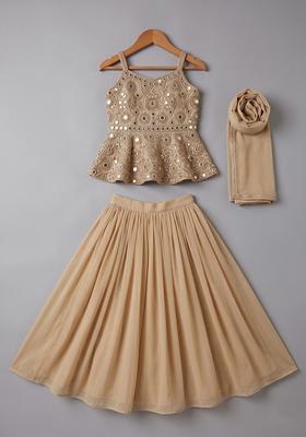 Girls Beige Embroidered Tissue Lehenga Set