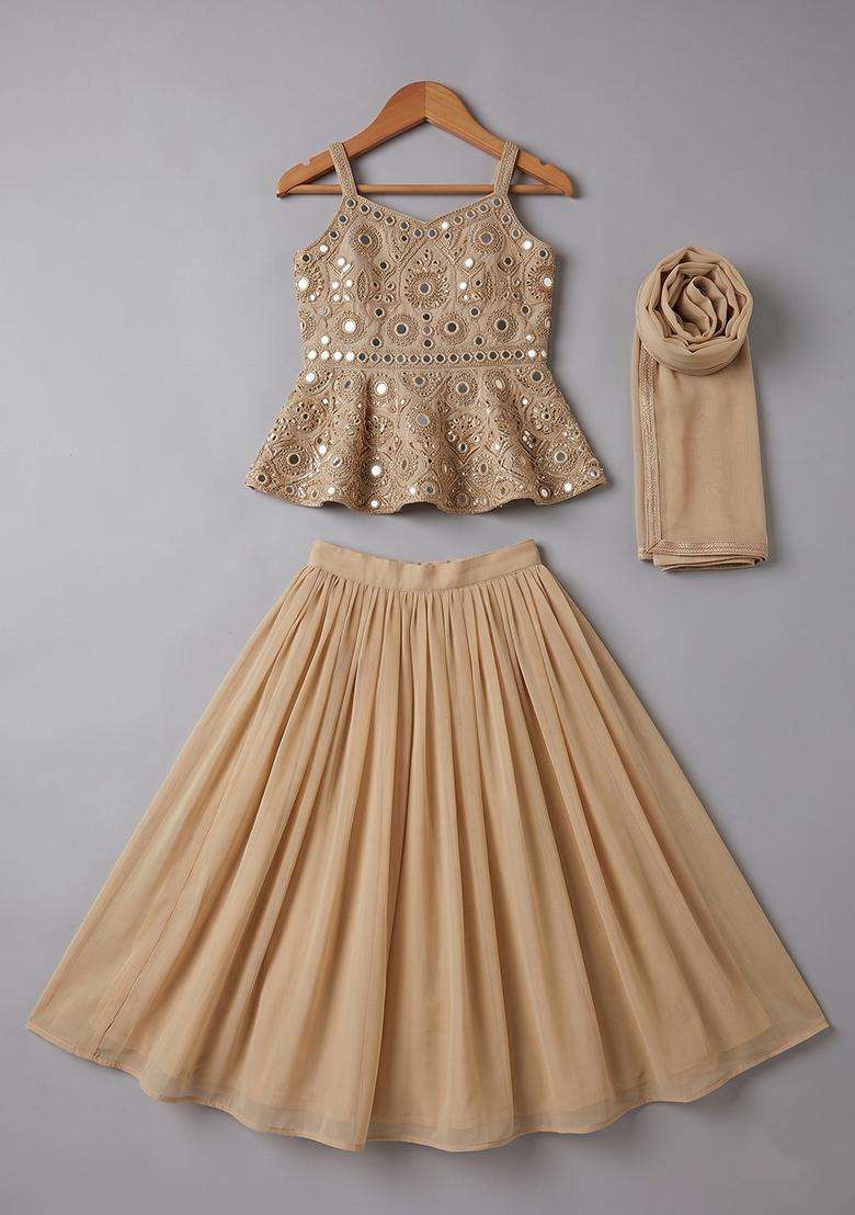 Girls Beige Embroidered Tissue Lehenga Set - Indya